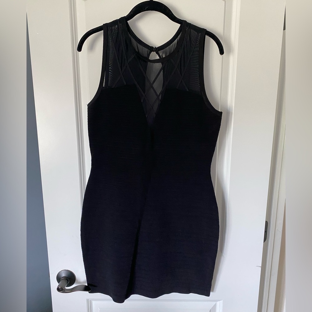 bebe Black SEXY STRAP MESH YOKE DRESS bodycon NWT dress - size Large